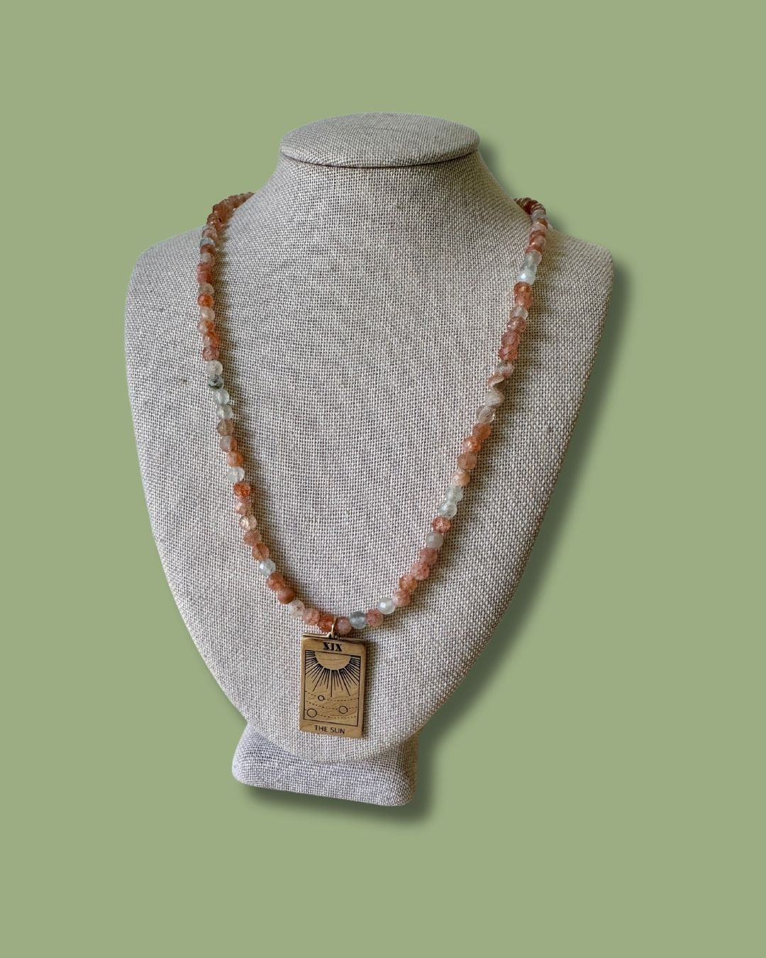 Oregon Sunstone with The Sun Tarot Card Bronze Pendant Necklace