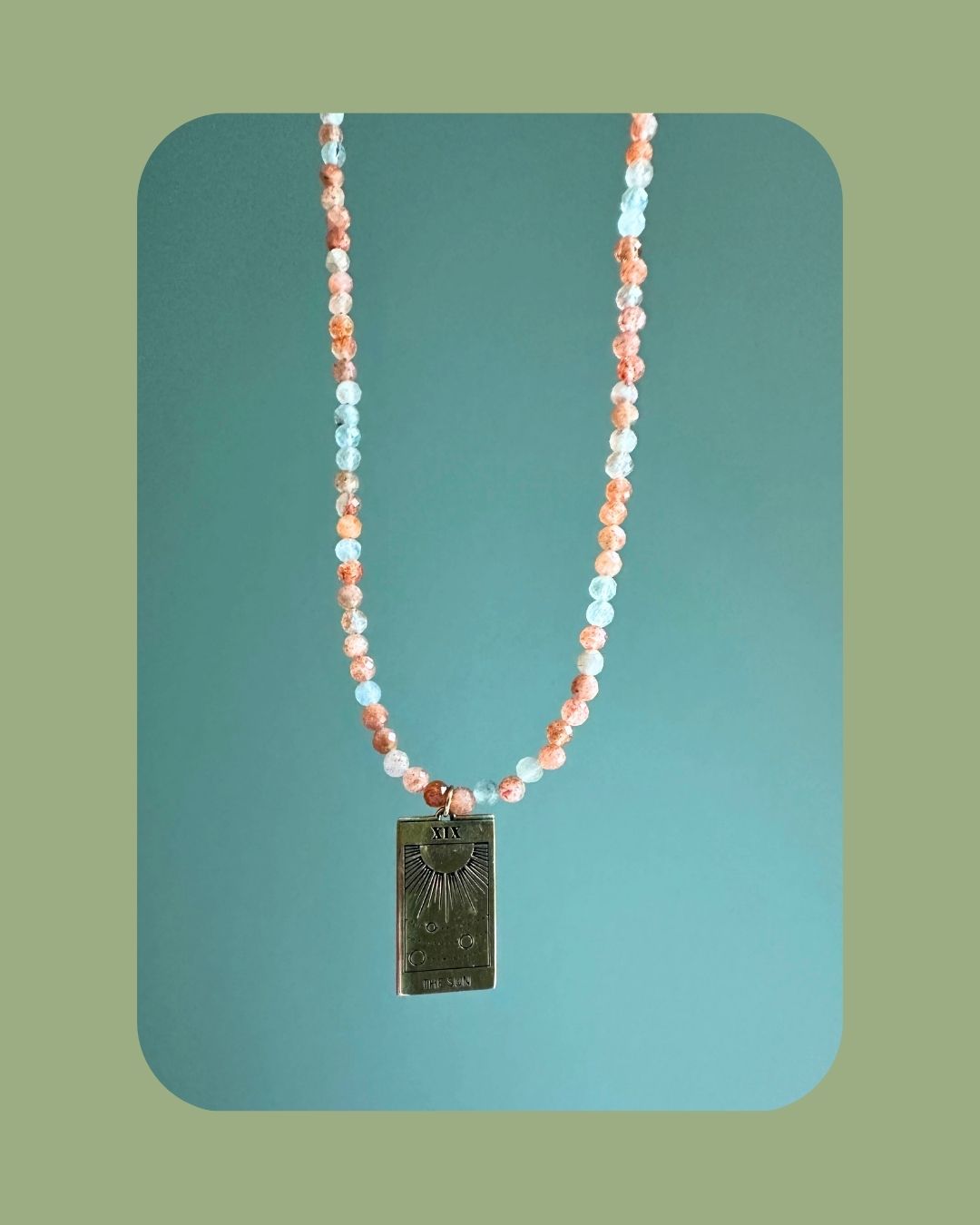 Oregon Sunstone with The Sun Tarot Card Bronze Pendant Necklace