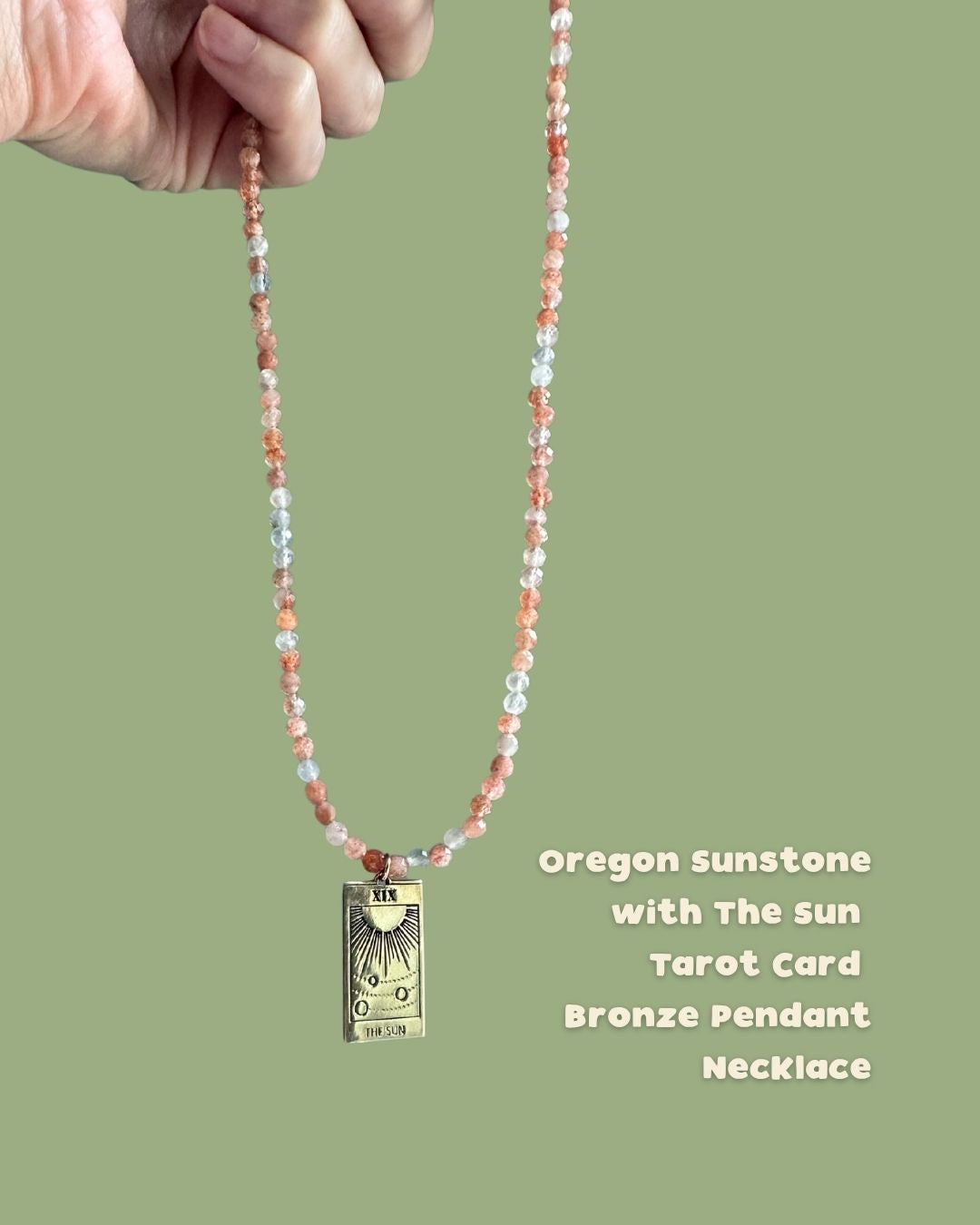 Oregon Sunstone with The Sun Tarot Card Bronze Pendant Necklace