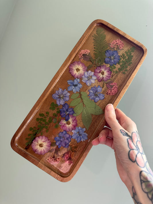 Floral Olive Wood Decorative Tray (pink & purple)