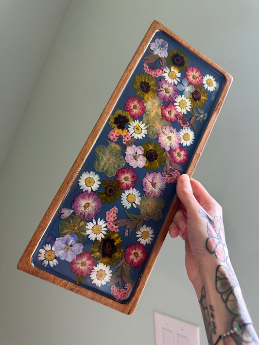Large Floral Decorative Tray with Blue Background