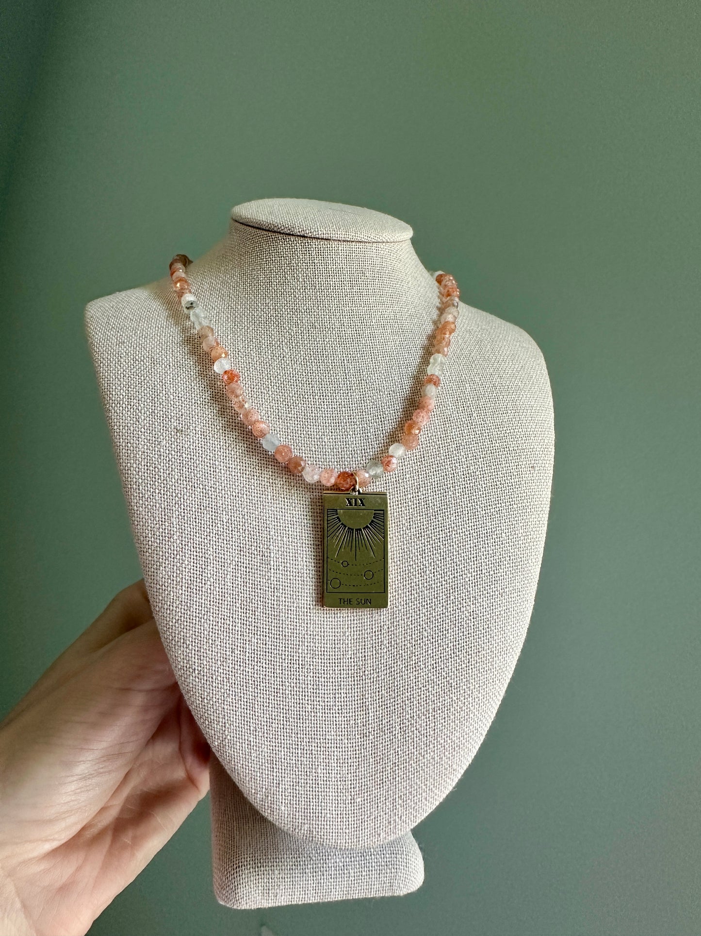 Oregon Sunstone with The Sun Tarot Card Bronze Pendant Necklace