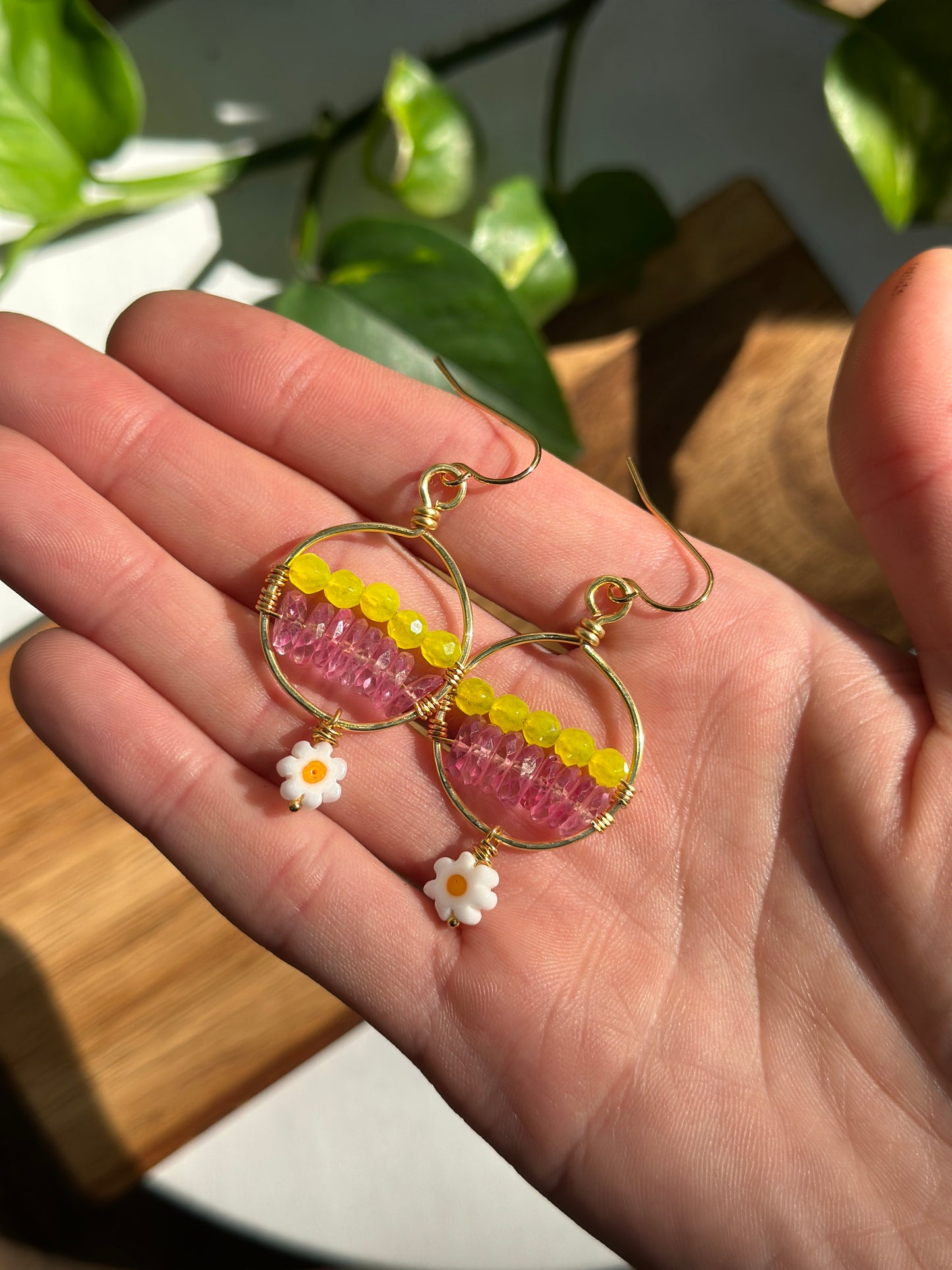 Pink Topaz and Daisy Earrings