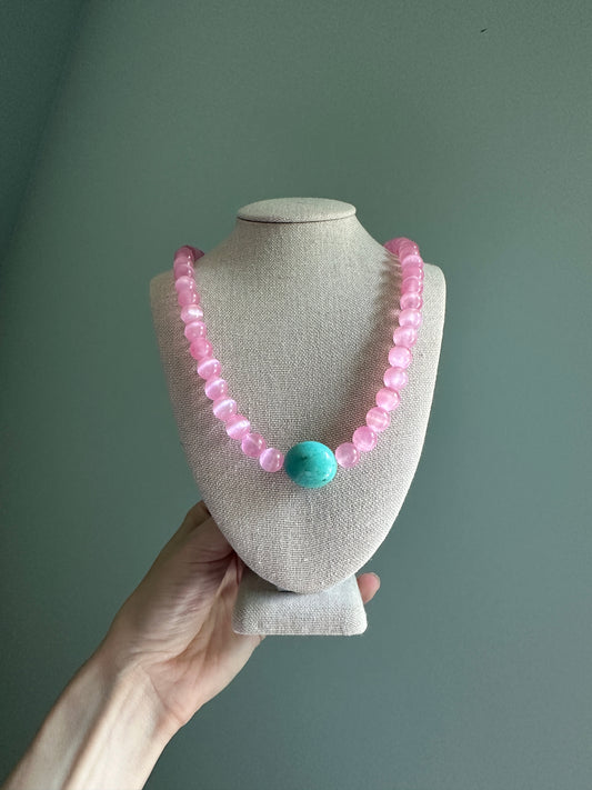 Pink Selenite with Kingman Turquoise Beaded Necklace