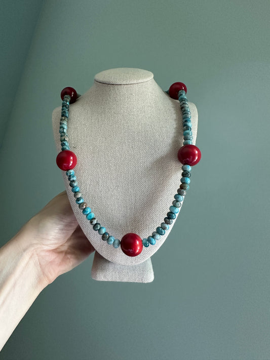 Larimar Crazy Lace Agate with Red Coral Beaded Necklace