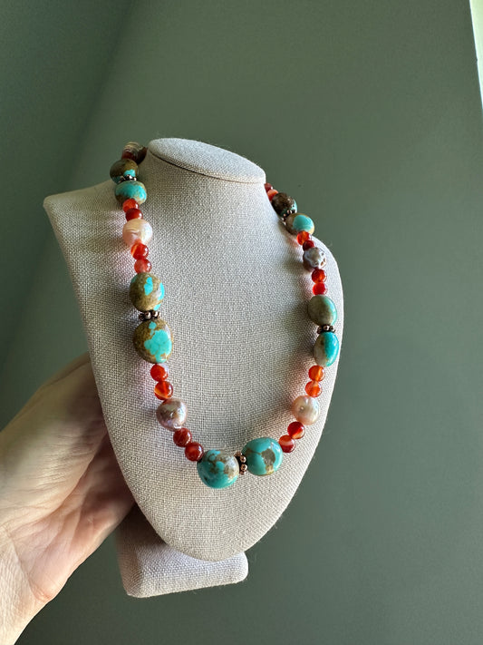 Turquoise, Edison Pearl and Carnelian Gemstone Choker Necklace