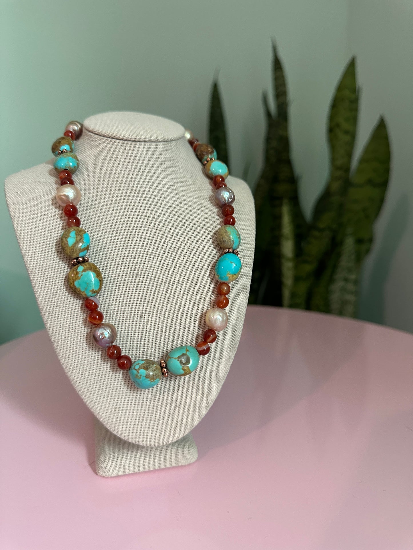 Turquoise, Edison Pearl and Carnelian Gemstone Choker Necklace