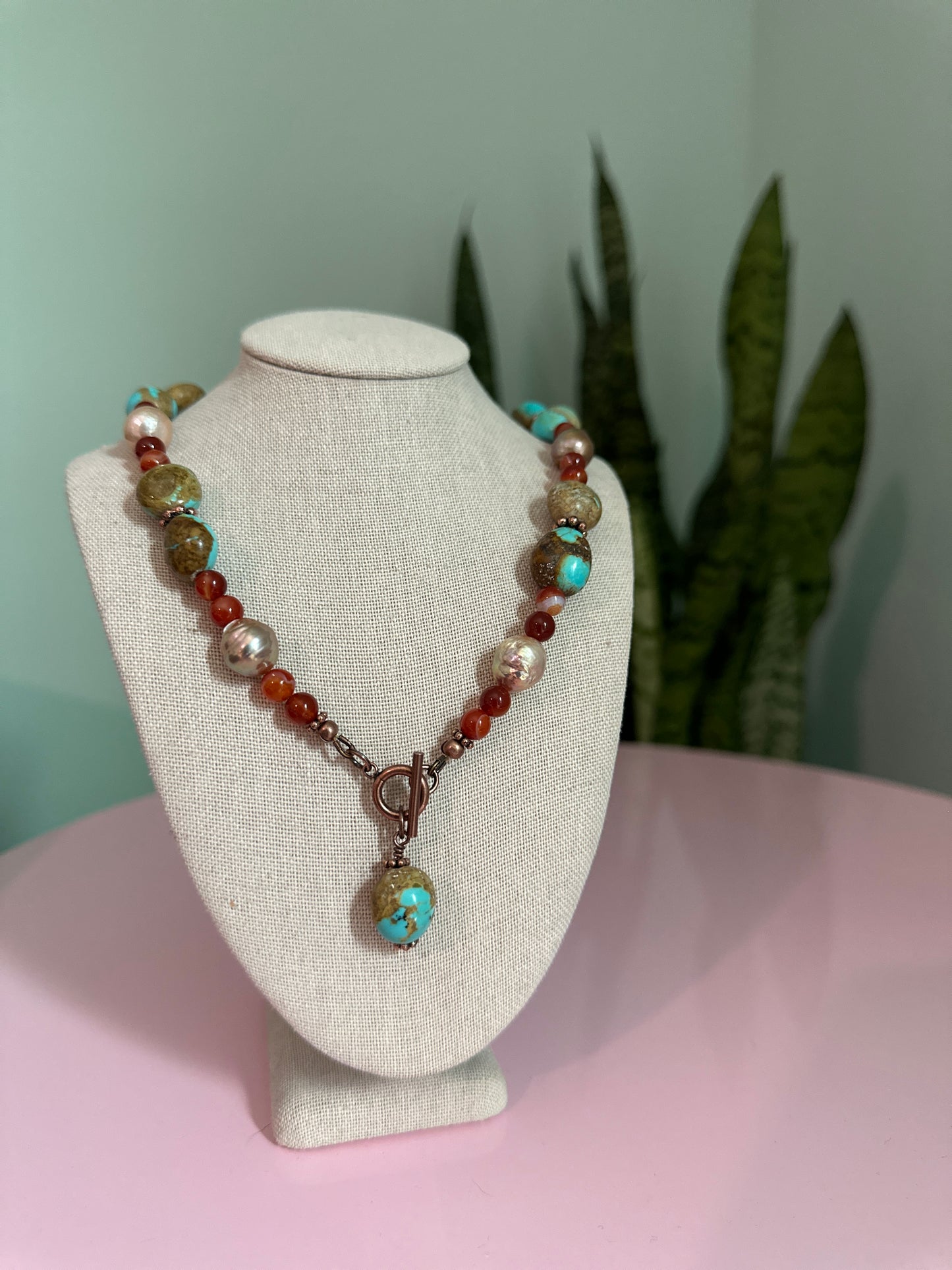 Turquoise, Edison Pearl and Carnelian Gemstone Choker Necklace