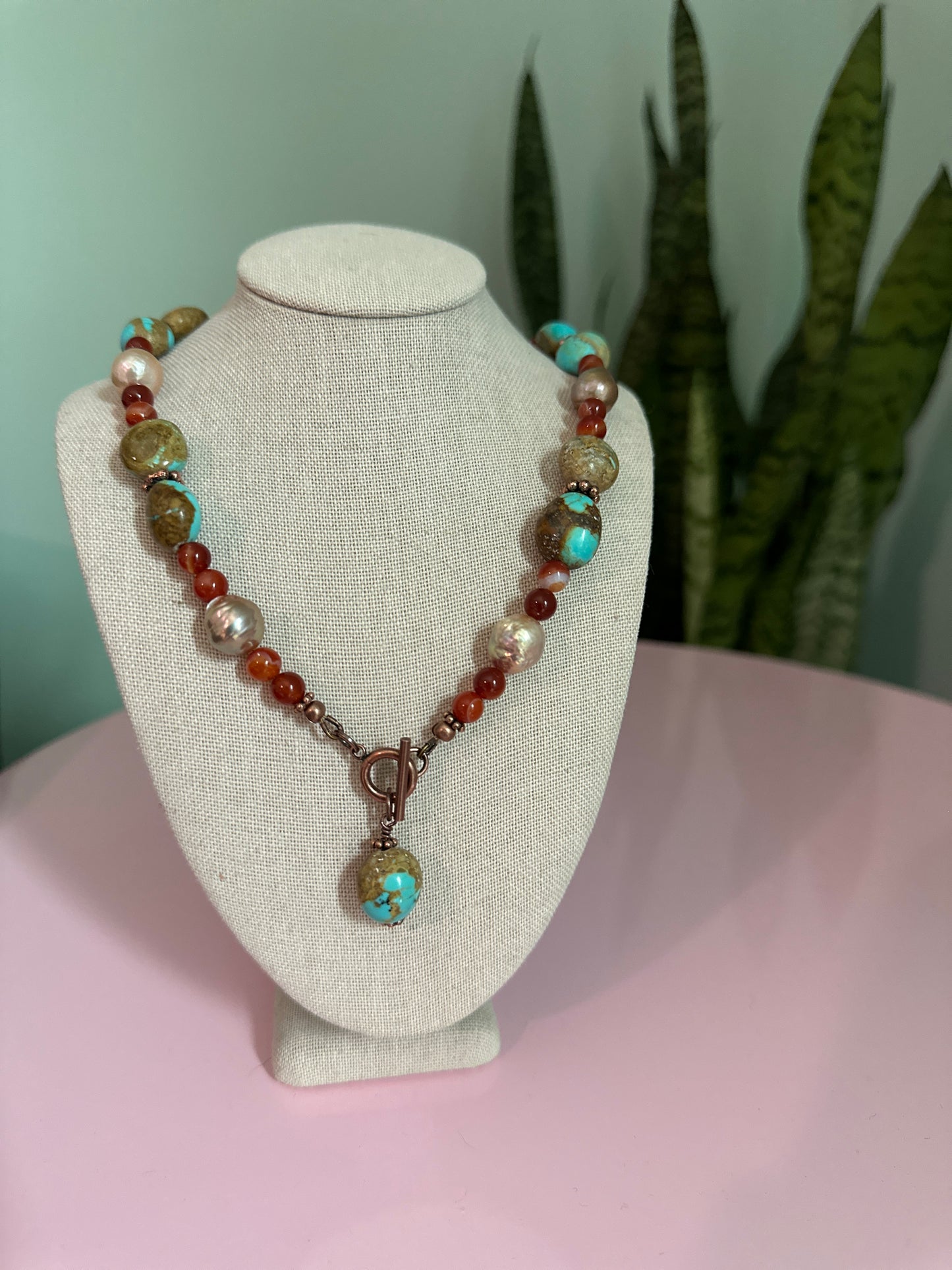 Turquoise, Edison Pearl and Carnelian Gemstone Choker Necklace