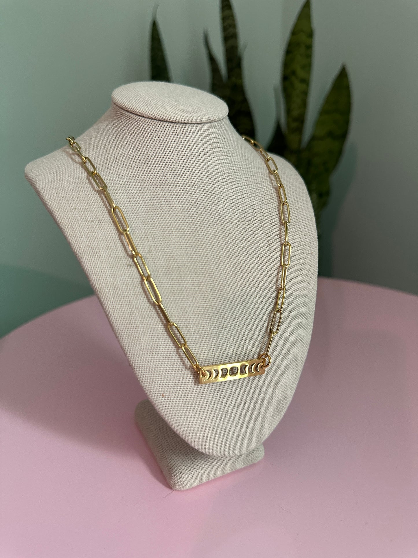Golden Moon Phases Paperclip Chain Necklace