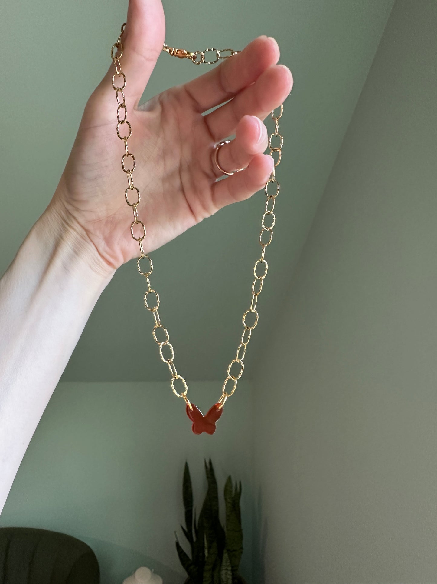 Red Agate Butterfly Gold Chain Choker Necklace