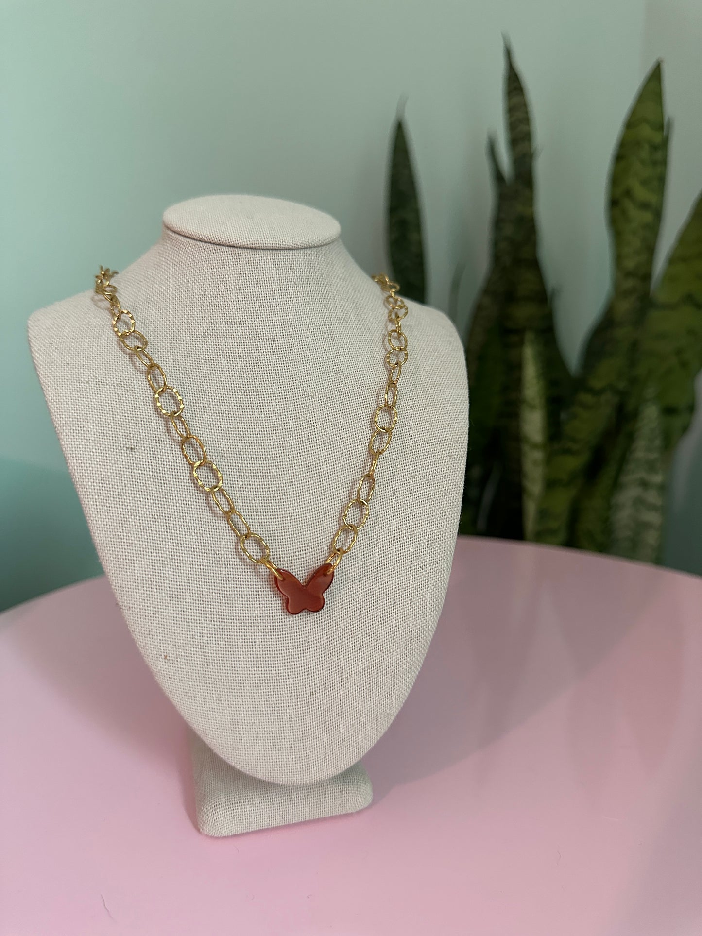 Red Agate Butterfly Gold Chain Choker Necklace