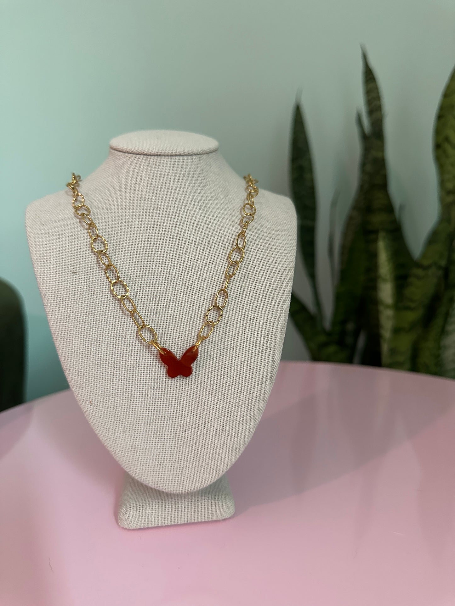 Red Agate Butterfly Gold Chain Choker Necklace