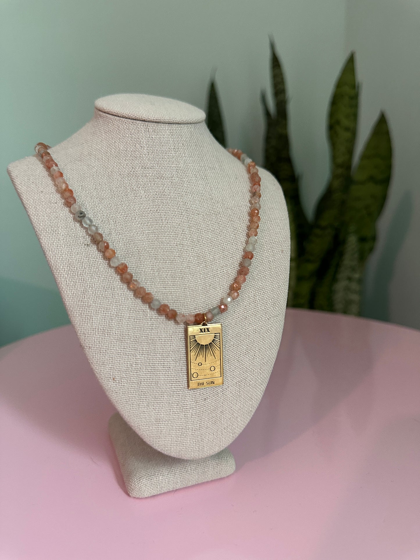 Oregon Sunstone with The Sun Tarot Card Bronze Pendant Necklace