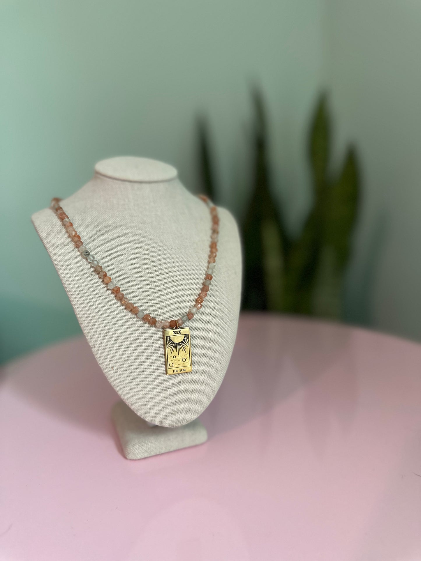 Oregon Sunstone with The Sun Tarot Card Bronze Pendant Necklace