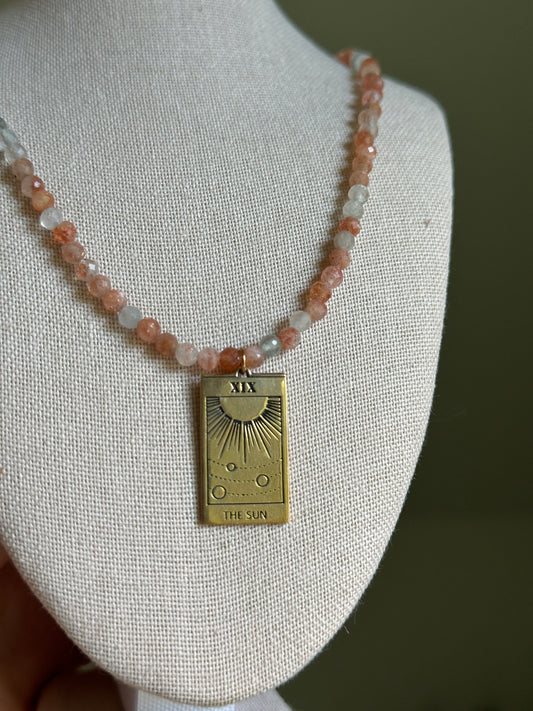 Oregon Sunstone with The Sun Tarot Card Bronze Pendant Necklace