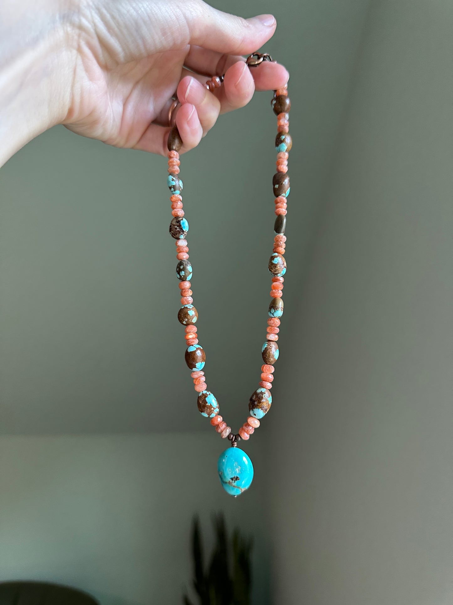 Sunstone with Number 8 Vintage Turquise and Kingman Turquoise Pendant