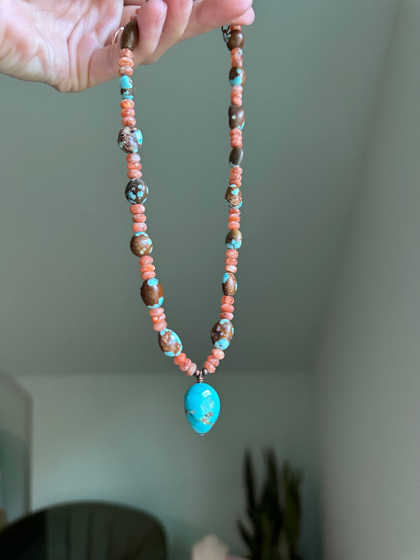 Sunstone with Number 8 Vintage Turquise and Kingman Turquoise Pendant