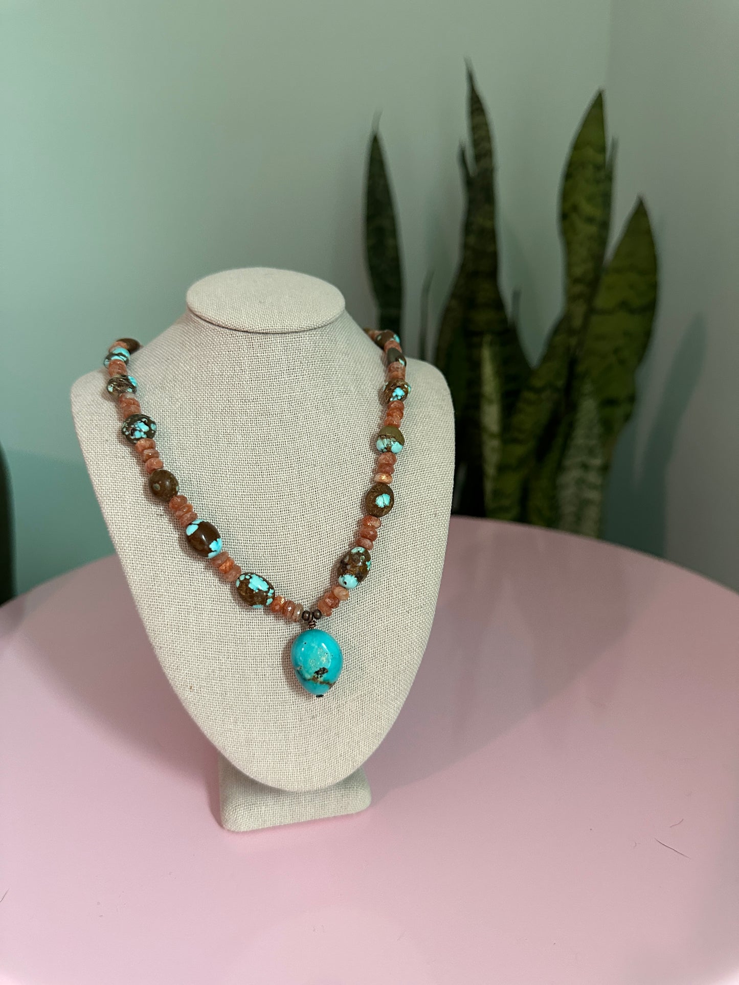 Sunstone with Number 8 Vintage Turquise and Kingman Turquoise Pendant