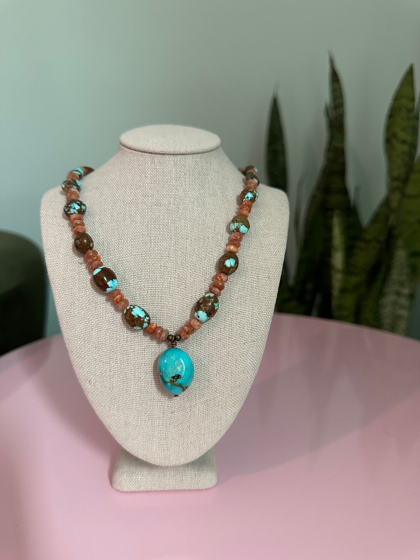 Sunstone with Number 8 Vintage Turquise and Kingman Turquoise Pendant