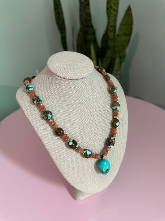 Sunstone with Number 8 Vintage Turquise and Kingman Turquoise Pendant