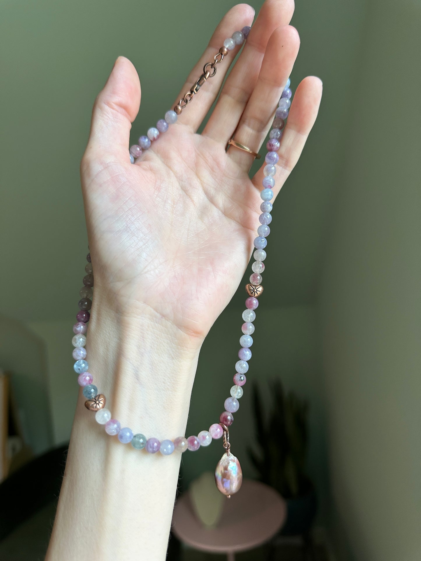 Pink Tourmaline & Lepidolite in Quartz with Pink Pearl Pendant