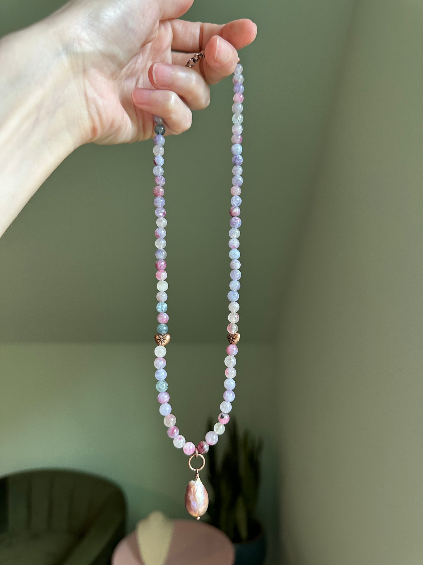 Pink Tourmaline & Lepidolite in Quartz with Pink Pearl Pendant
