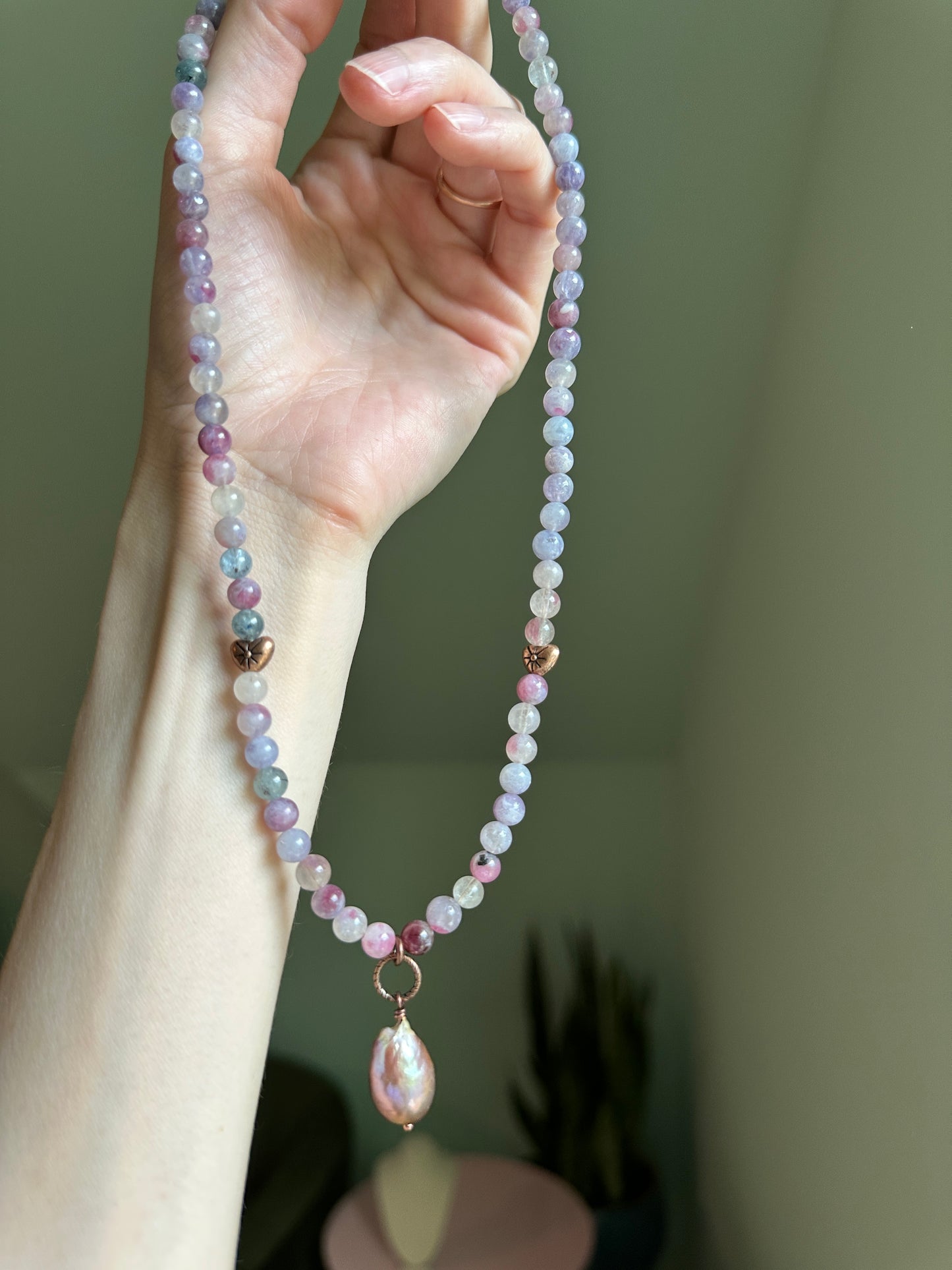Pink Tourmaline & Lepidolite in Quartz with Pink Pearl Pendant