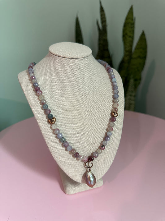 Pink Tourmaline & Lepidolite in Quartz with Pink Pearl Pendant