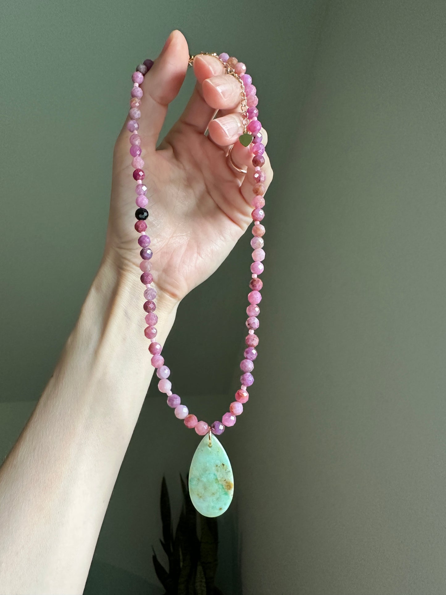Pink Tourmaline & Chrysoprase Teardrop Necklace
