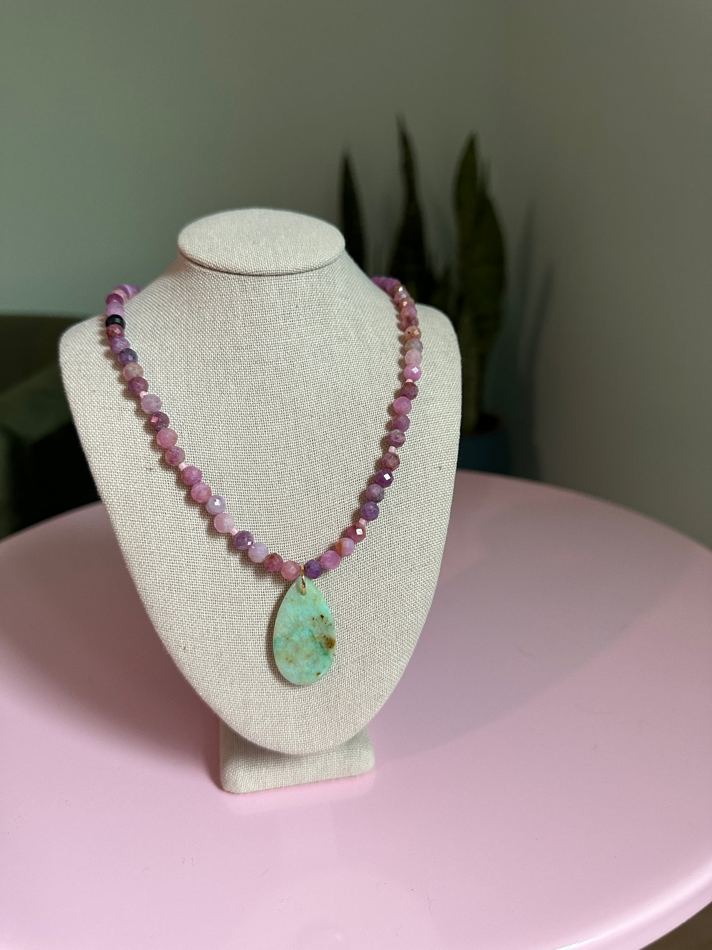 Pink Tourmaline & Chrysoprase Teardrop Necklace