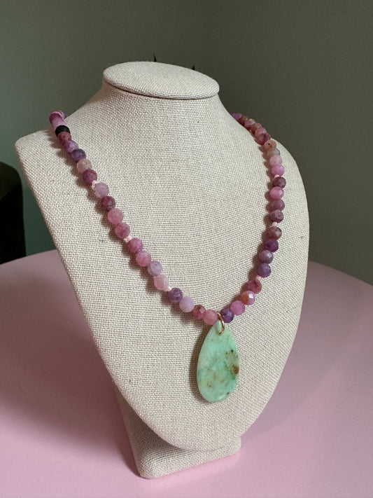 Pink Tourmaline & Chrysoprase Teardrop Necklace