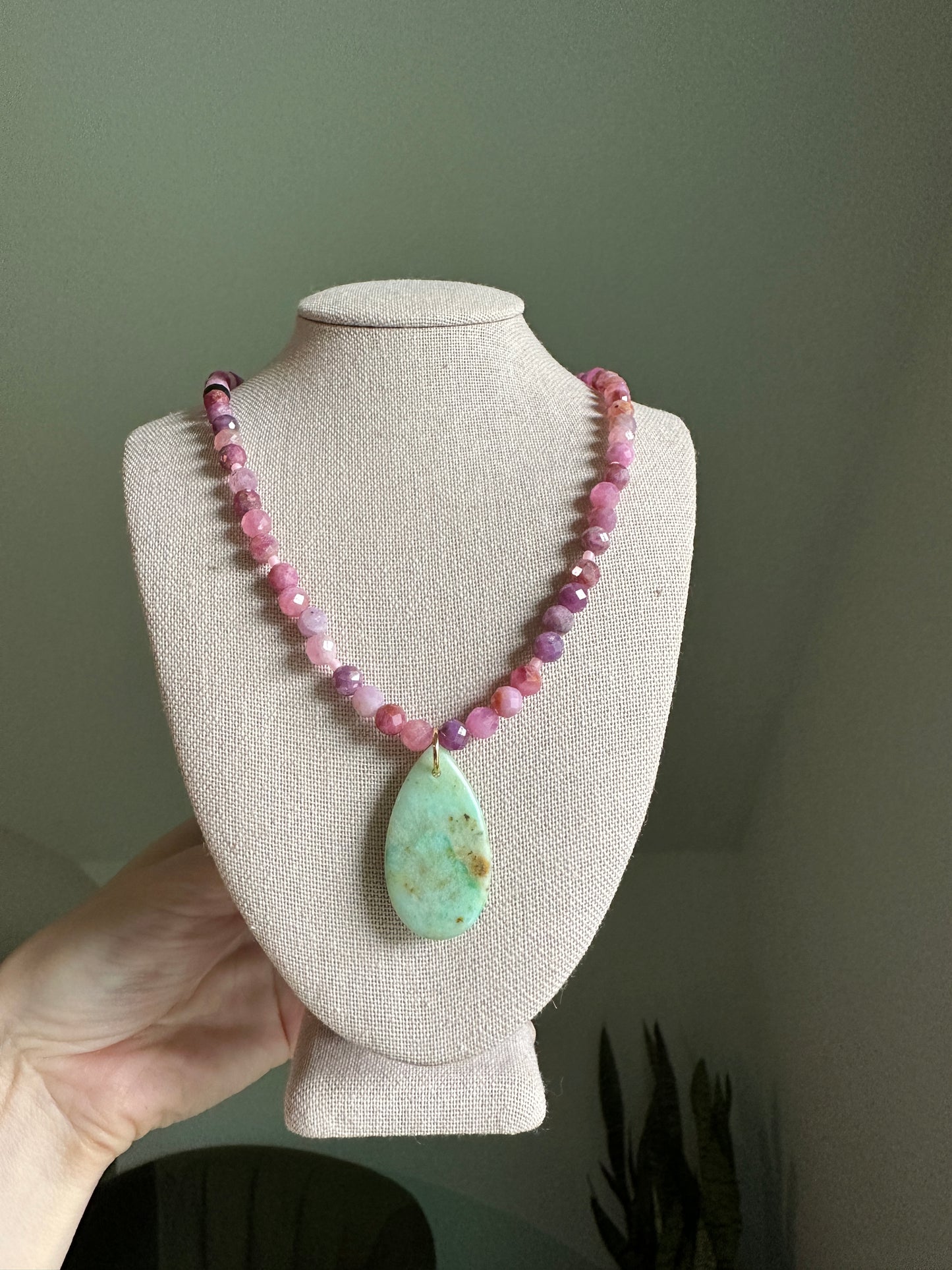Pink Tourmaline & Chrysoprase Teardrop Necklace