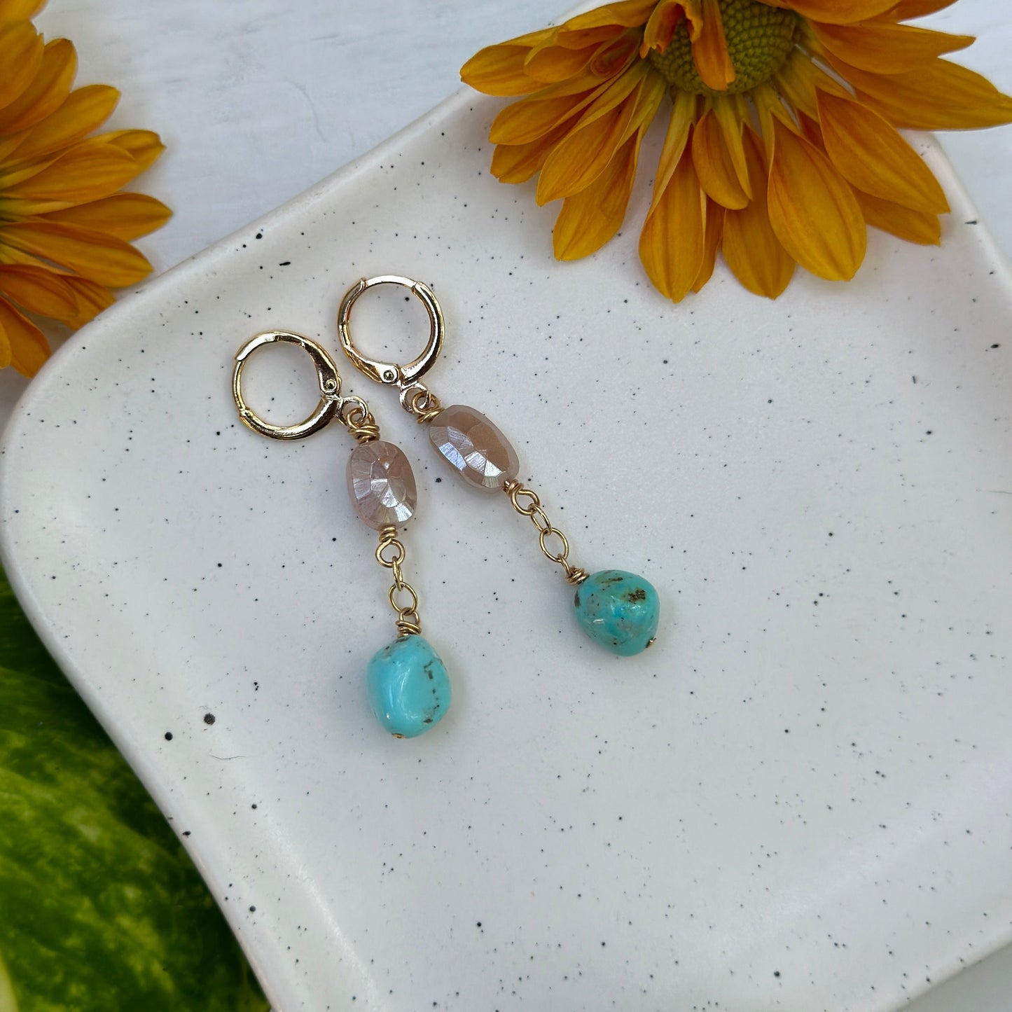Peach Moonstone and Sonoran Turquoise Earrings - Gold Filled