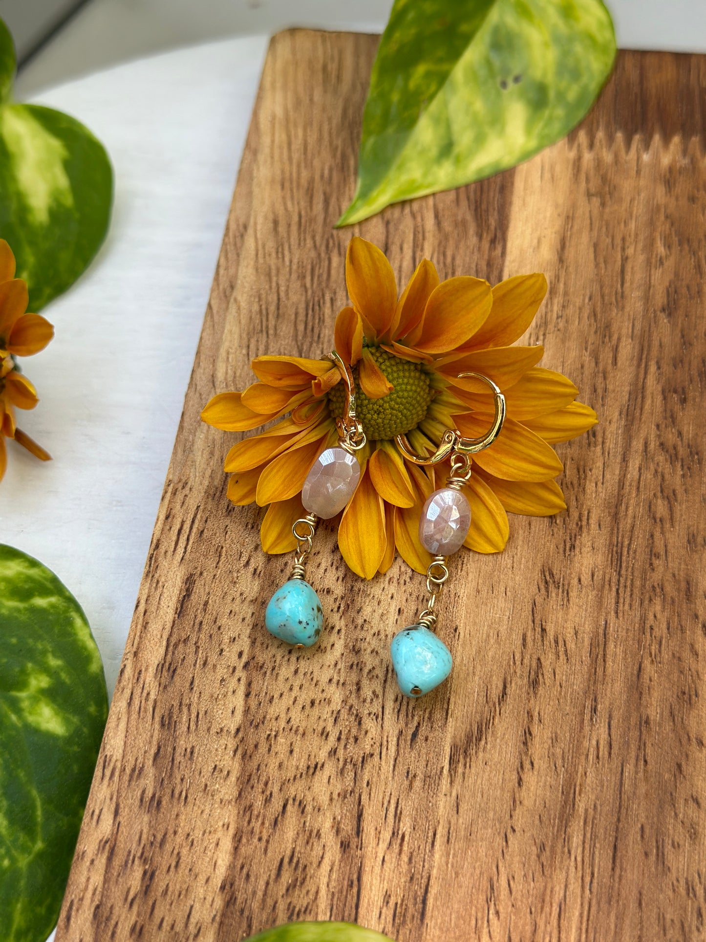 Peach Moonstone and Sonoran Turquoise Earrings - Gold Filled