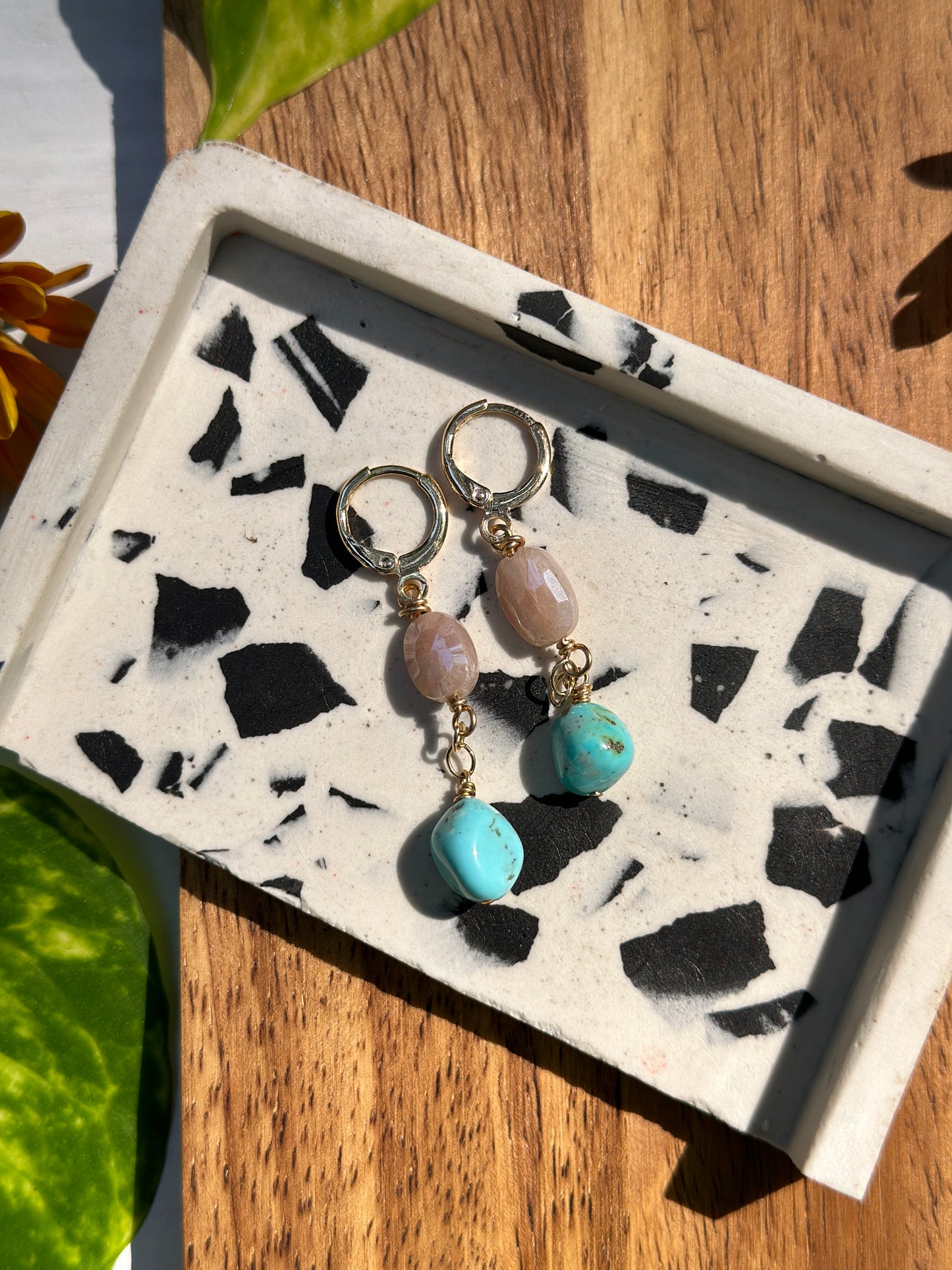 Peach Moonstone and Sonoran Turquoise Earrings - Gold Filled