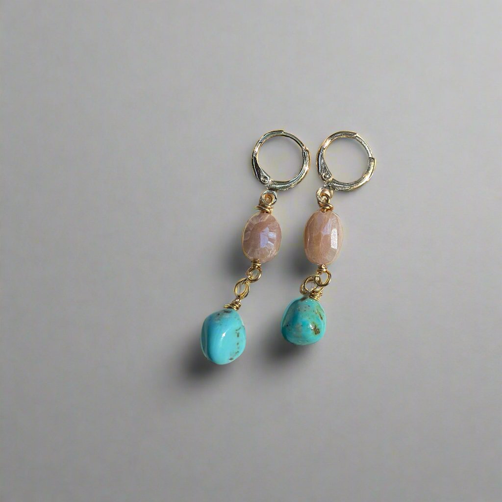 Peach Moonstone and Sonoran Turquoise Earrings - Gold Filled