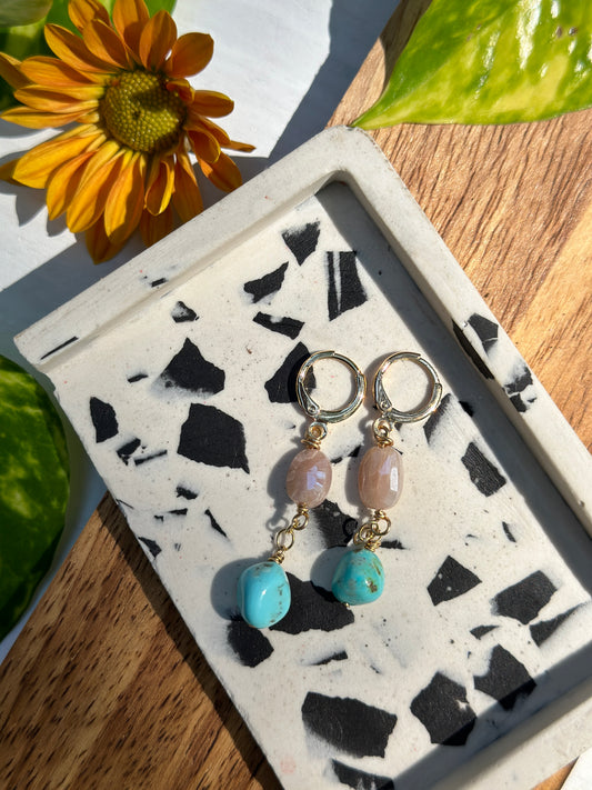 Peach Moonstone and Sonoran Turquoise Earrings - Gold Filled