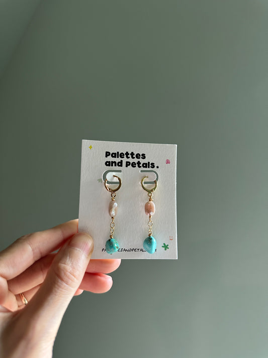 Peach Moonstone and Sonoran Turquoise Earrings - Gold Filled
