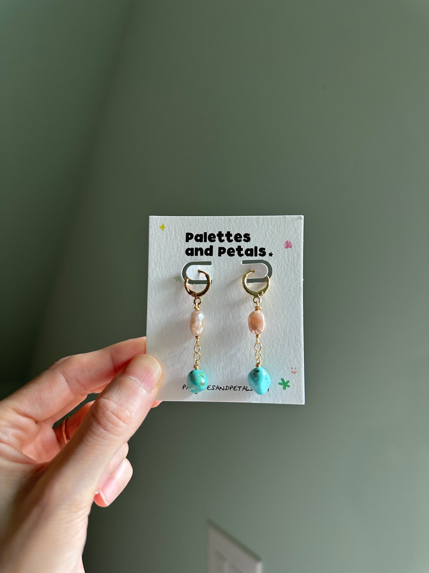Peach Moonstone and Sonoran Turquoise Earrings - Gold Filled