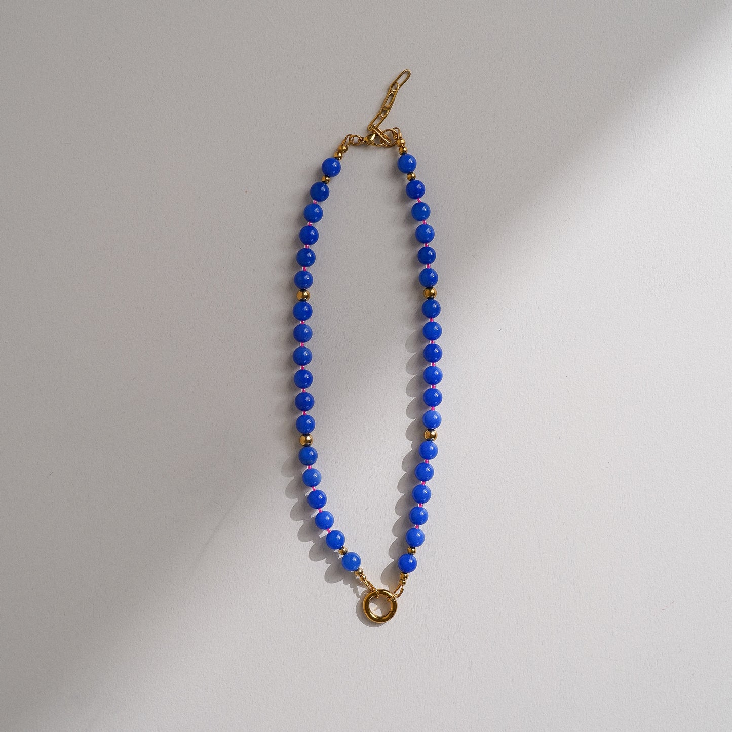 Blue Agate & Neon Pink Carabiner Bead Necklace