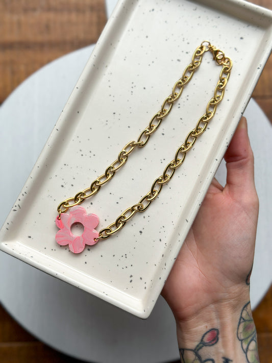 Funky Pink Tie Dye Flower Chain Necklace