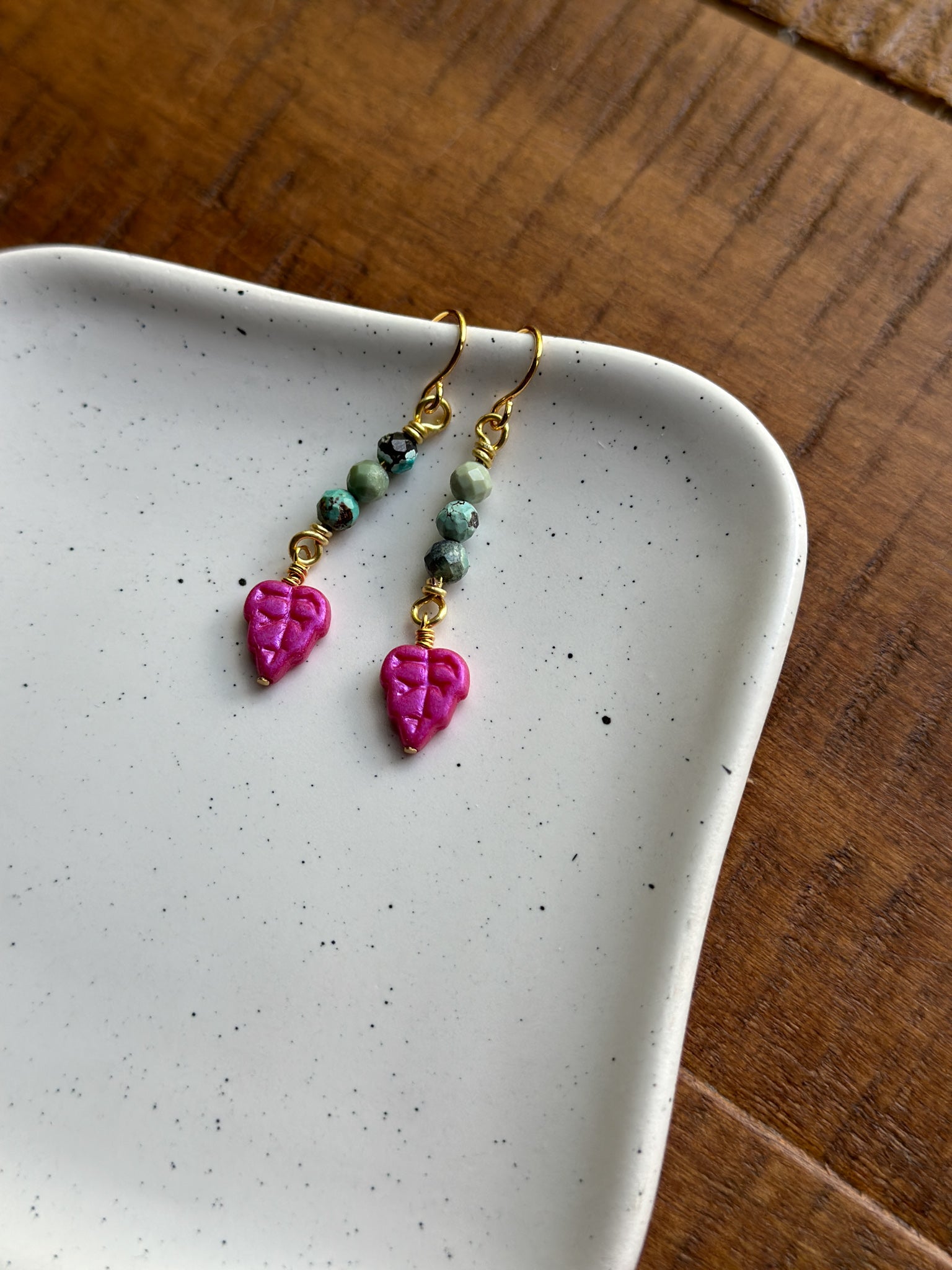 Czech Glass Earrings with Artisan Flower Beads, Mint Green and