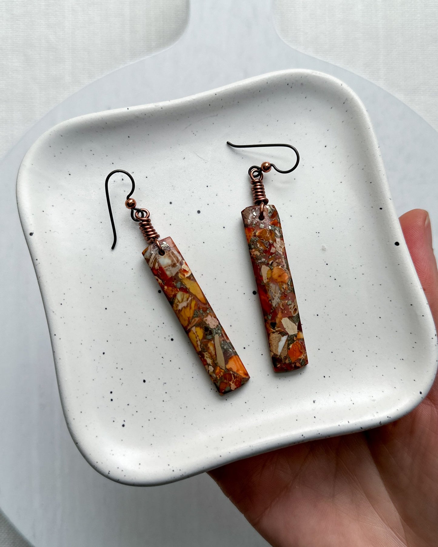 Orange Impression Jasper & Pyrite Gemstone Pendant Earrings