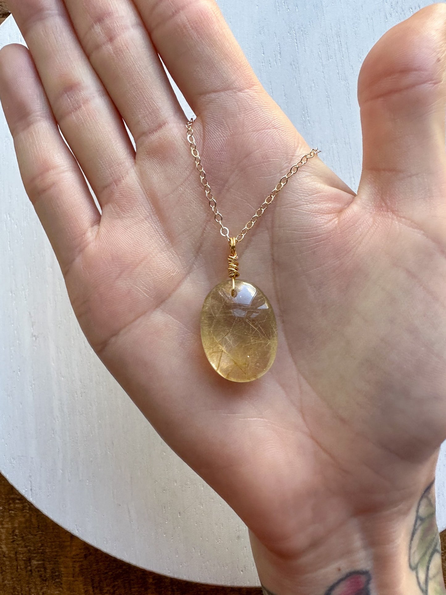Rutilated Quartz Oval Pendant - 14k Gold Filled Chain