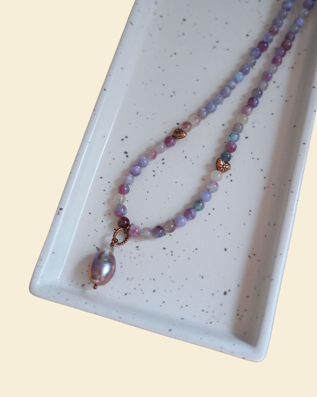 Pink Tourmaline & Lepidolite in Quartz with Pink Pearl Pendant