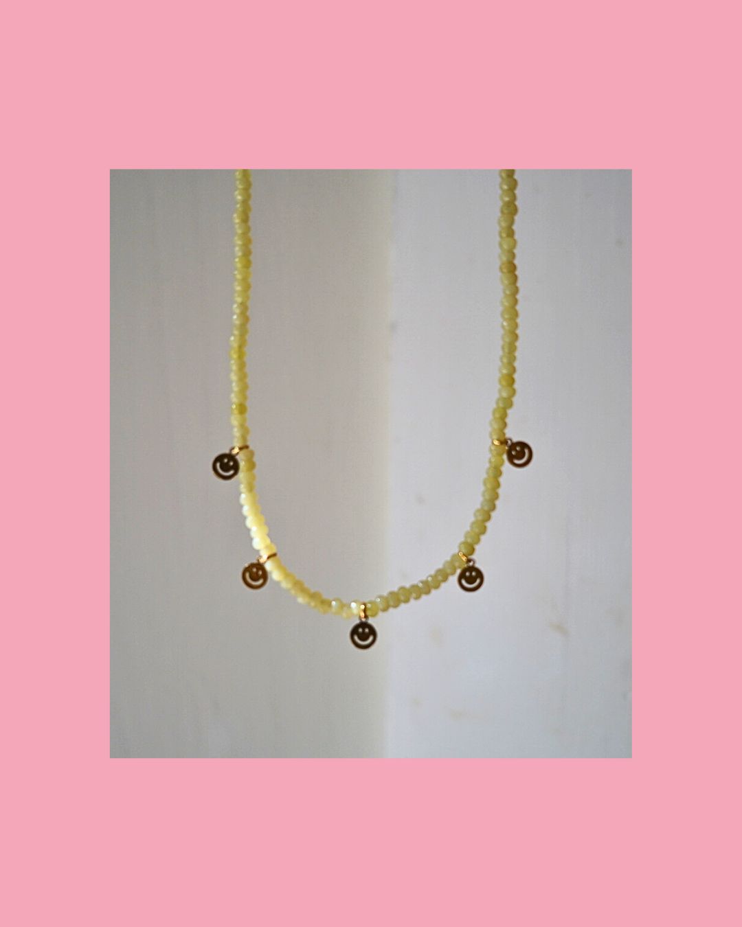 Key Lime Quartz with Gold Happy Face Charm Necklace