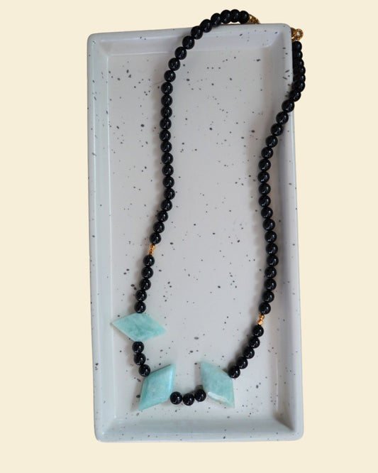 Black Tourmaline with Amazonite Rhombus Beads