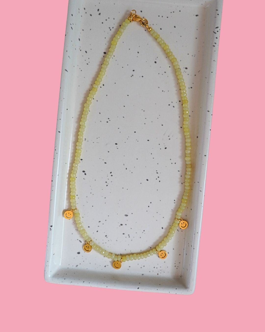 Key Lime Quartz with Gold Happy Face Charm Necklace