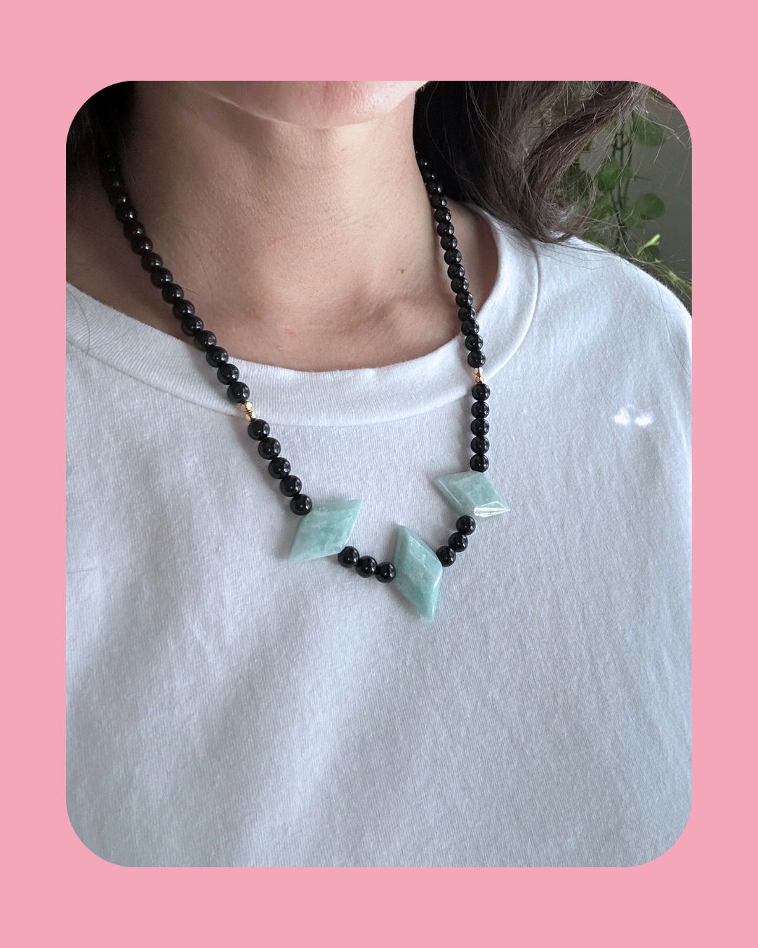 Black Tourmaline with Amazonite Rhombus Beads